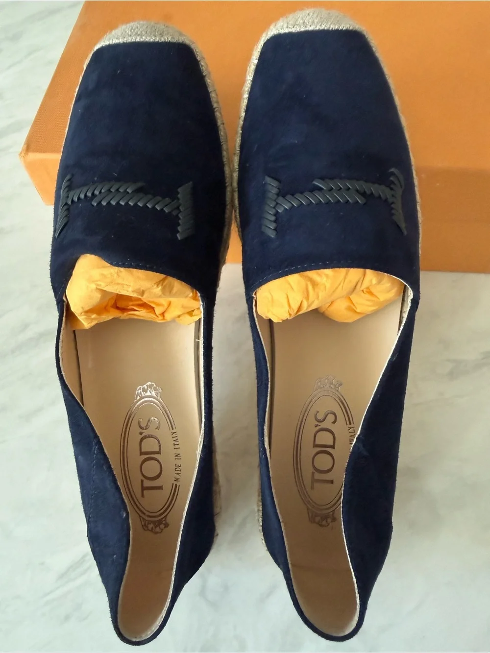 TOD'S Navy Suede leather Espadrille Slip-Ons with logo embroidered Sz 39.5